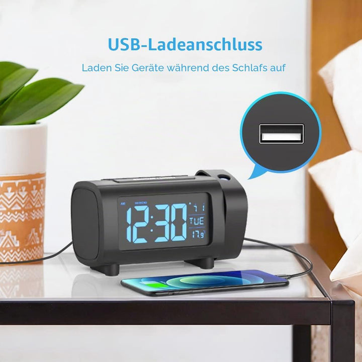 LIORQUE Projektionswecker Radiowecker Digital Wecker mit Radio Snooze Wochenendmodus Temperatur USB