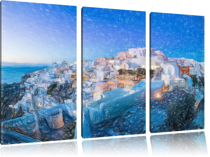 Pixxprint Oia Dorf am Sonnenuntergang Santorin Kunst Buntstift Effekt 3-Teiler Leinwandbild 120x80 B