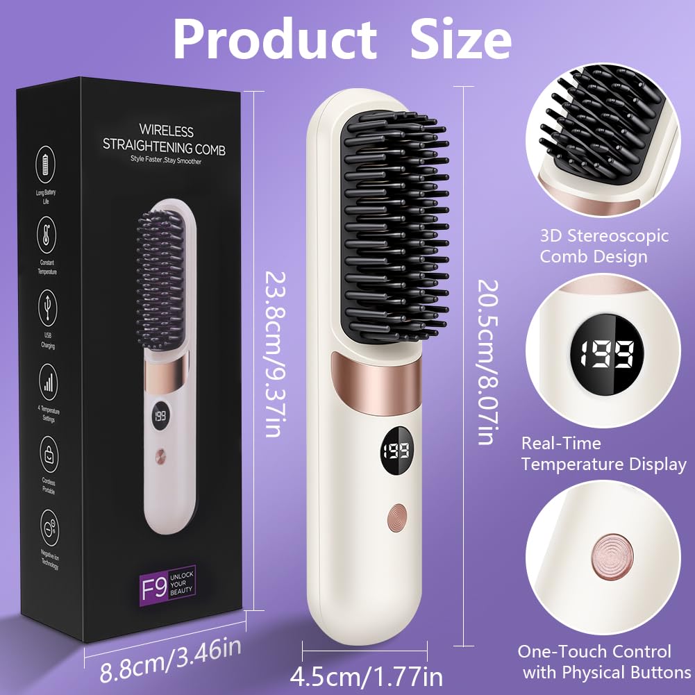 LOPHE Glättbürste, 2 in 1 Haarglätter Bürste mit LED Display, Hair Straightener Kabellos und Verbrüh