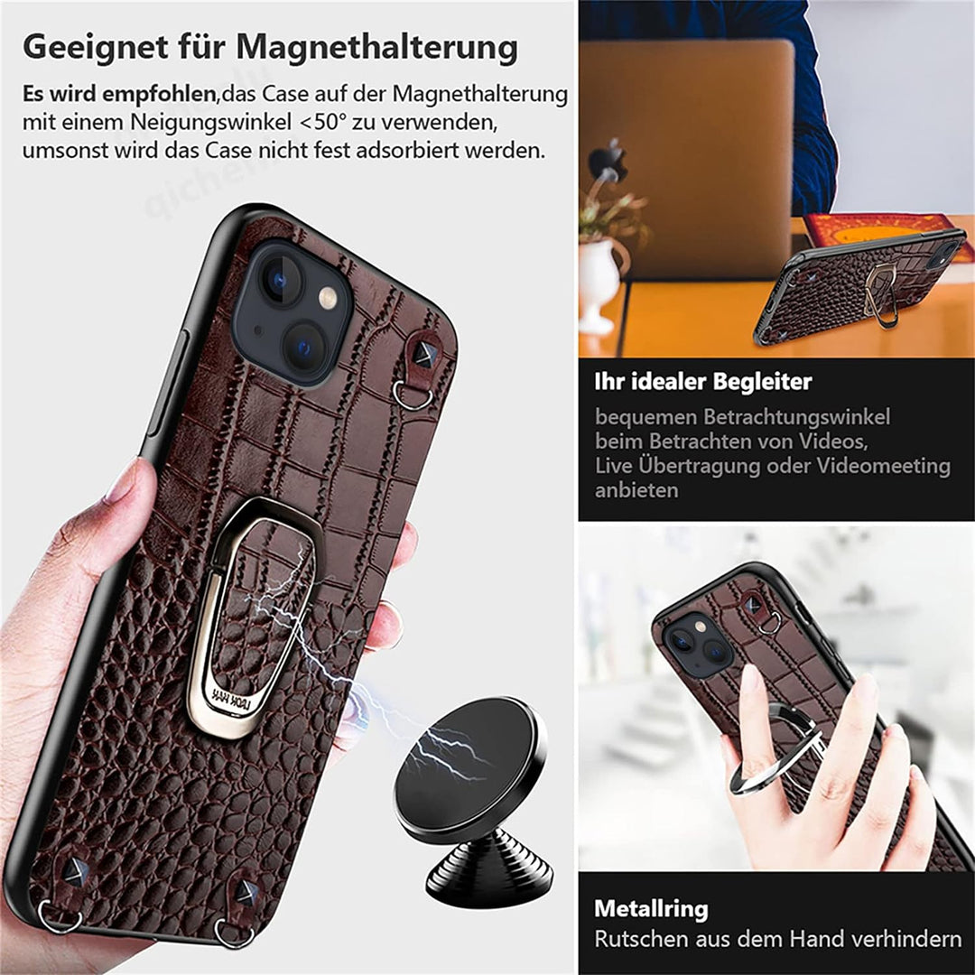 qichenlu Magnethalter Handyhülle mit Band für iPhone 14,Niete Echtleder Backcover Abnehmbare Handyke