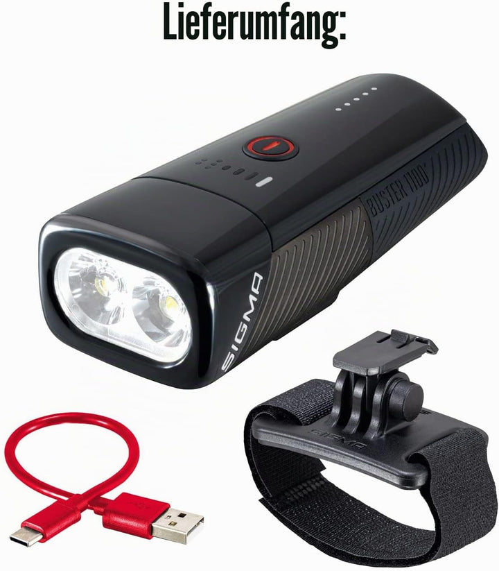 Sigma Sport – Buster 1100 | Fahrradbeleuchtung vorne mit 1100 Lumen | Wiederaufladbare Helmleuchte m