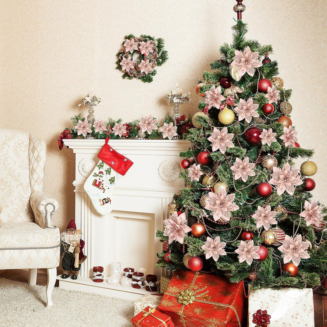 24 Glitzer Weihnachtsstern Blumen Künstliche Weihnachten Blumen Ornamente Hochzeit Blume Deko Weihna