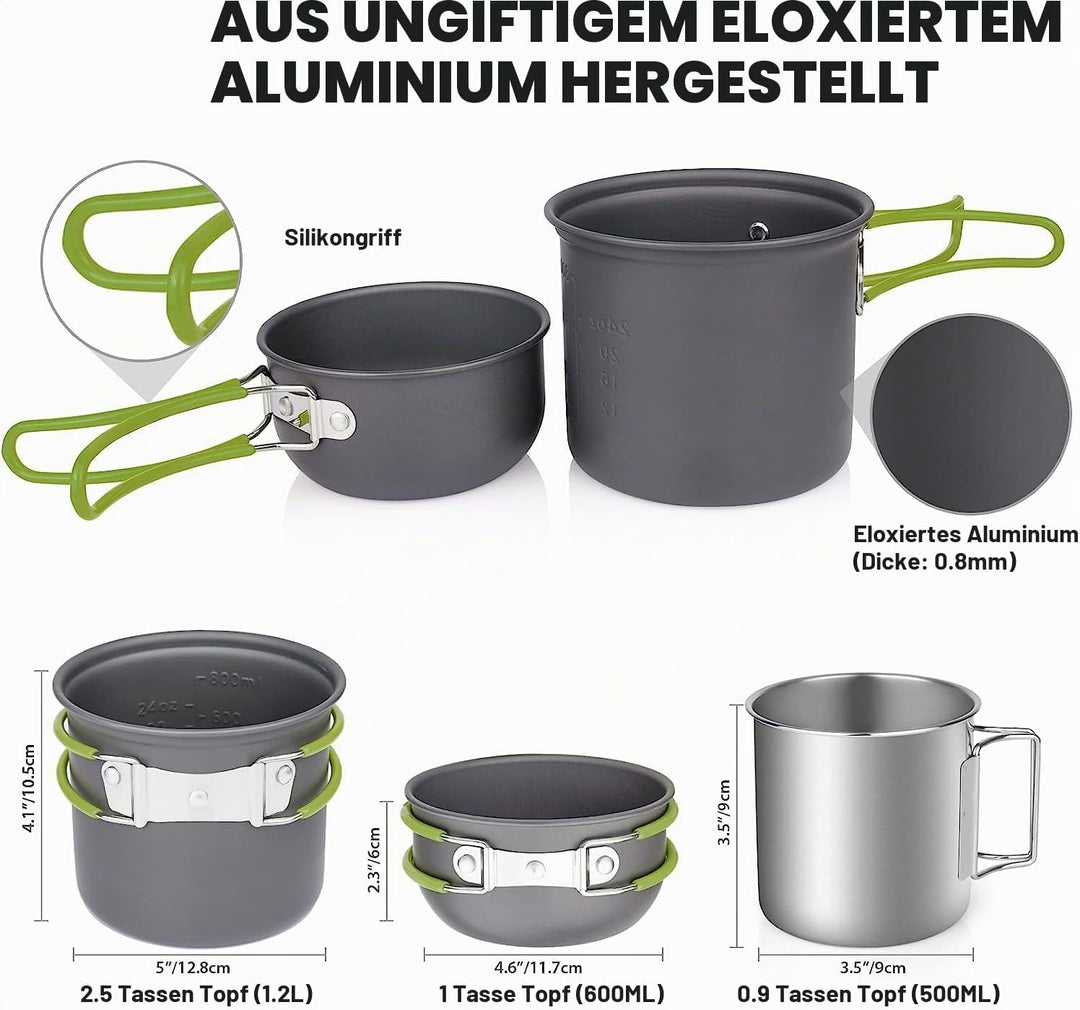 Camping Kochgeschirr Mess Kit - ISFORU Camping Kochset, Kompaktes Camping Topf und Pfannen Set für 1