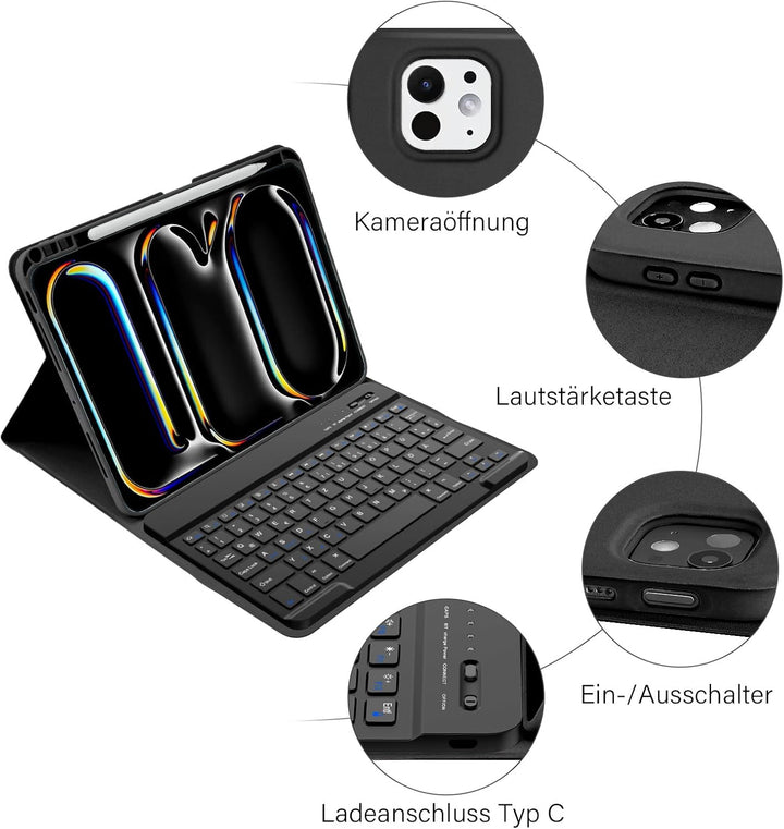 KBCASE Tastatur Hülle für iPad Pro 11 Zoll M4 2024 Hülle mit Deutsche Bluetooth Tastatur mit Bleisti