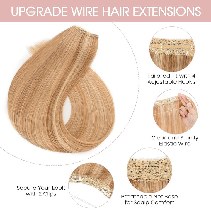 Extensions Echthaar mit transparenter Schnur, Silk-co Wire in Extensions Goldenbraun mix Bleichblond