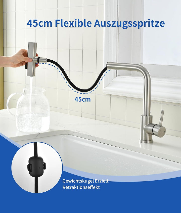 Wasserhahn Küche,Hochdruck Küchenarmatur mit Ausziehbar Brause,Wasserfall Armatur Küche mit 3 Strahl