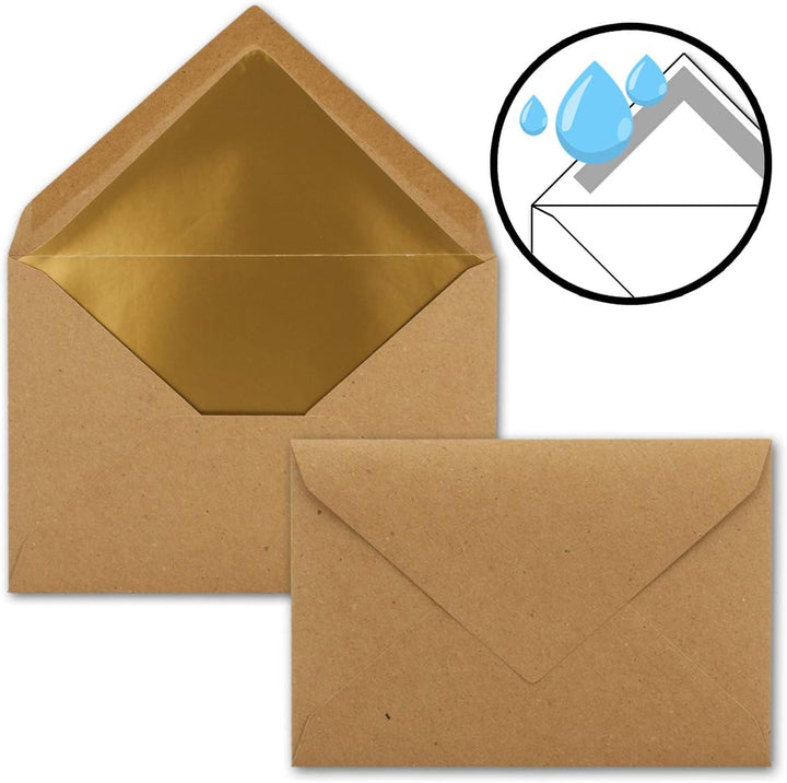 300x - Brief-Umschläge B6 mit Gold Innenfutter - 12,5 x 17,6 cm - Kraft-Papier braun Recycling Nassk
