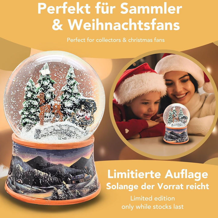 Weihnachts-Schneekugel mit Musik | Schneekugel Kutschfahrt über Brücke mit Familie | Sockel Winterla
