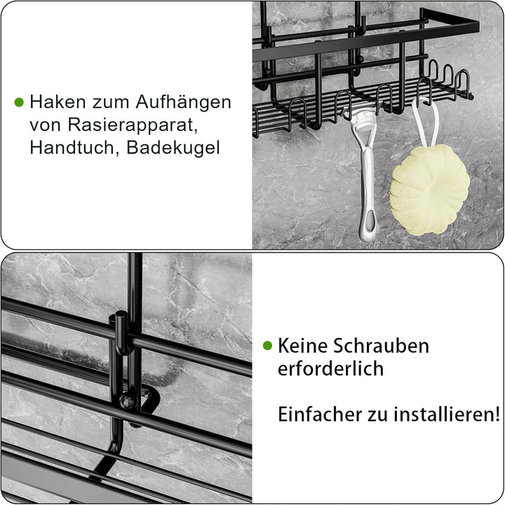Doppelstock-Duschablage zum hängen [50% mehr Stauraum], 54cm Perfektgrösse + Schrägdesign, 12 Haken,