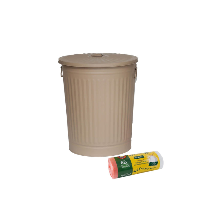 Jinfa 1 Retrodesign Metalleimer mit Griffen und Deckel + 30 Müllbeutel | Beige | 62L 1 Mülleimer 62L