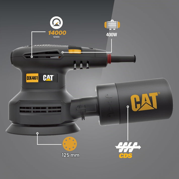 CAT DX461 125 mm Exzenterschleifer 400W, 5000–14000 U/min, Ø2,5 mm, (inkl. Zyklon-Staubbox, variable
