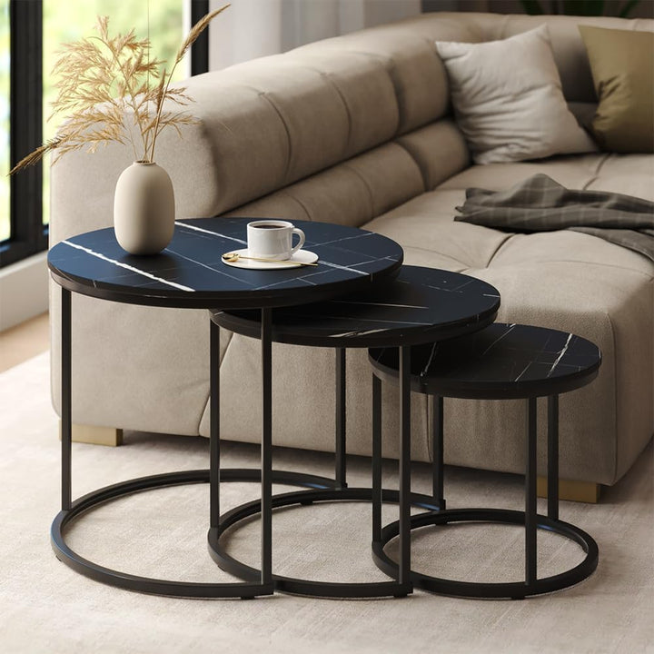 Vicco Couchtisch-Set Montreal, Schwarzer Marmor, 55 x 55 cm 3 Teile Schwarzer Marmor 3er Set, Schwar