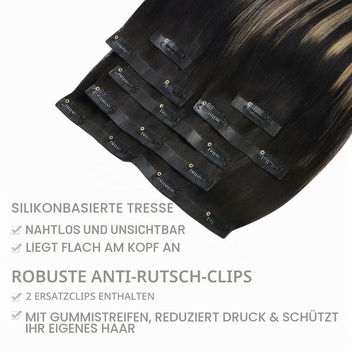 WENNALIFE Nahtlose Clip In Extensions Echthaar, 35cm 9pcs 130g Balayage Natürliches Schwarz bis Hell