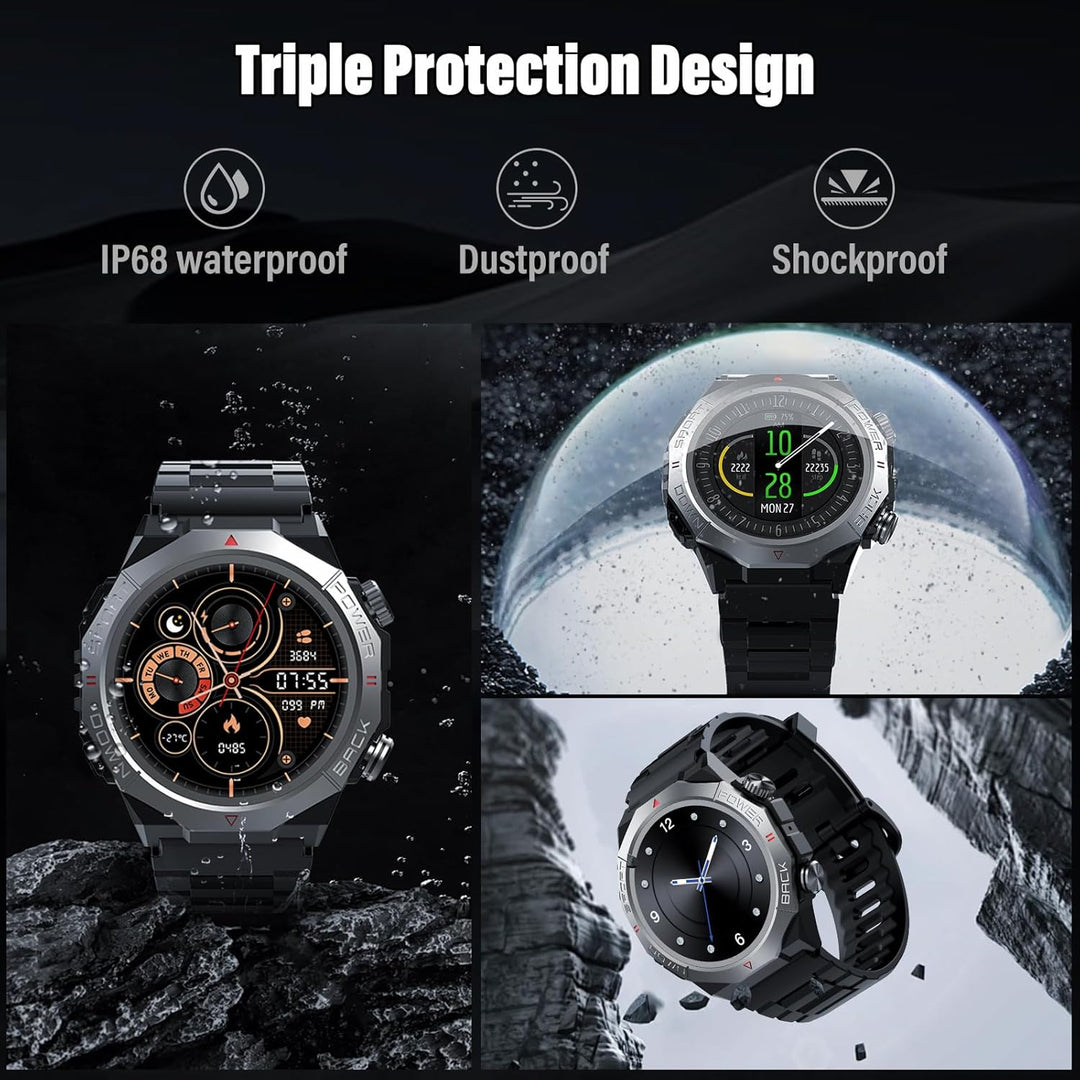 Militär Smartwatch Herren Damen, Smart Watch mitTelefonfunktion 1,39" Touchscreen, Herzfrequenzmonit