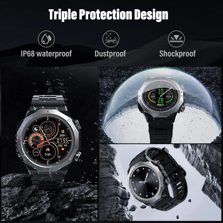 Militär Smartwatch Herren Damen, Smart Watch mitTelefonfunktion 1,39" Touchscreen, Herzfrequenzmonit