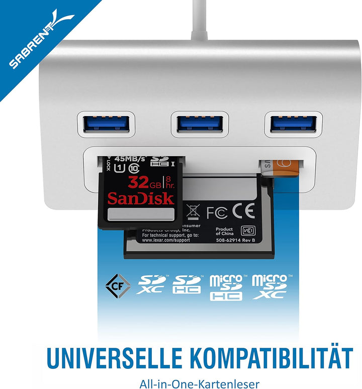 SABRENT usb Hub 3.2x1, USB Adapter 6 in 1 mit 3 Porten, CF, SD/microSD Leser, Verteiler, Verlängerun