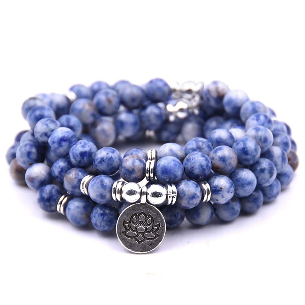Self-Discovery Armband Mala Yoga 108 natürliche Perlen mit Lotusanhänger, Achat mit blauer Spitze (b