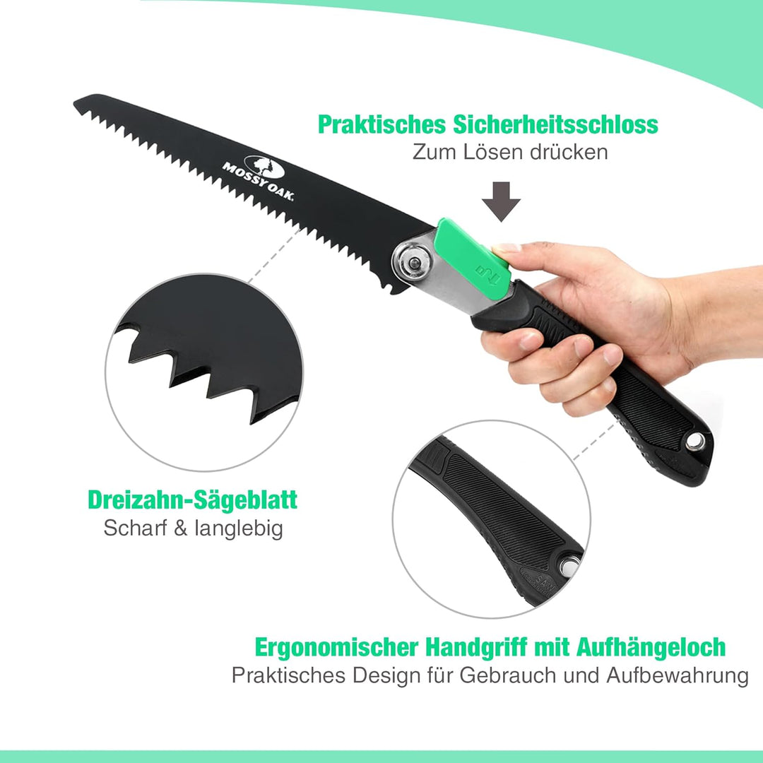 Mossy Oak 3 in 1 Handsäge Astsäge klappbar inkl. 3 scharfe Klingen aus Cr-V, Multifunktions Klappsäg