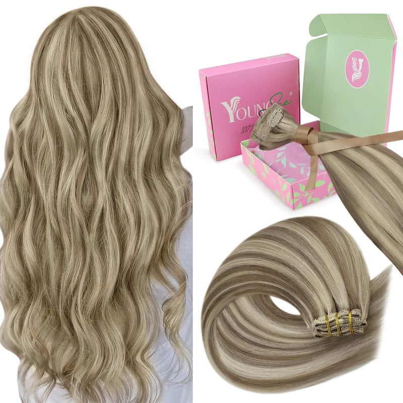 YoungSee Clip in Extensions Echthaar Hellbraun Clip in Extensions Braun Blond Echthaar Extensions Cl