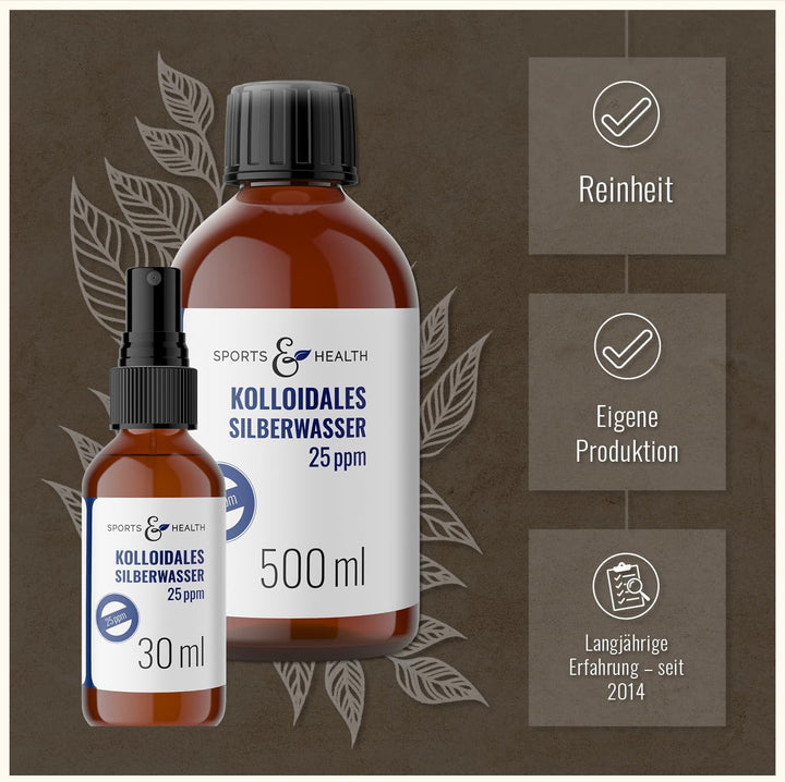Kolloidales Silber - 25ppm Silber + Extra Sprühflasche – 500 ml Braunglasflasche – Made in Germany (