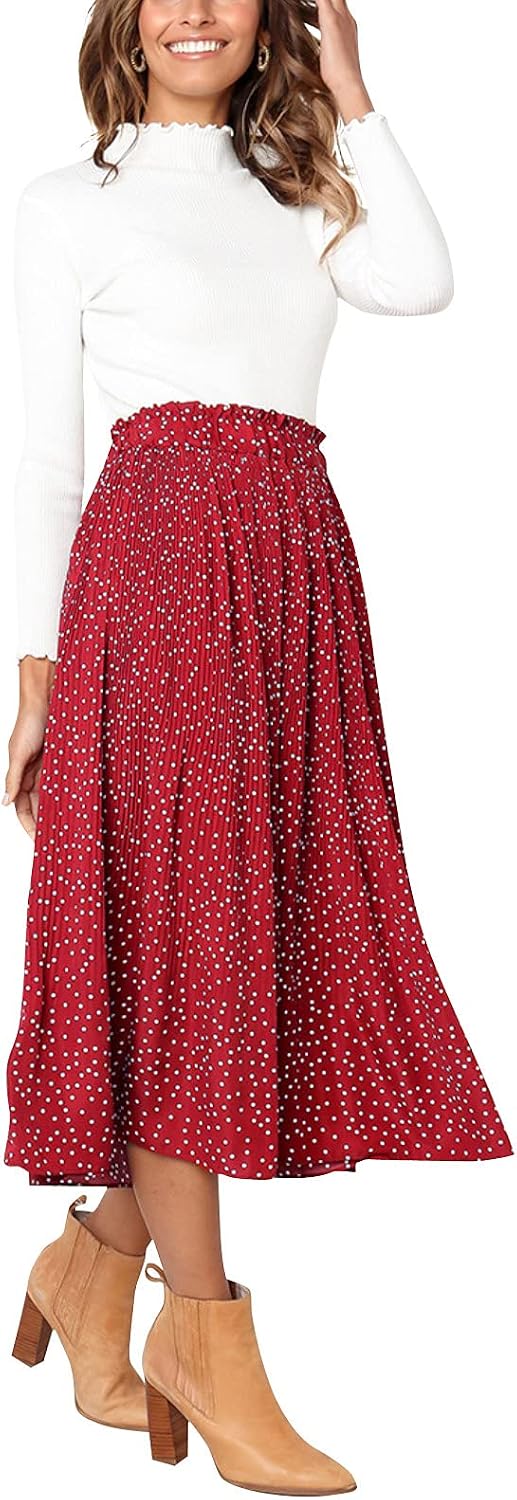 Hoerev Frauen Print Punkt mit Taschen Falten Langer Rock Beach Party Maxi Rock S Rot Punkt, S Rot Pu