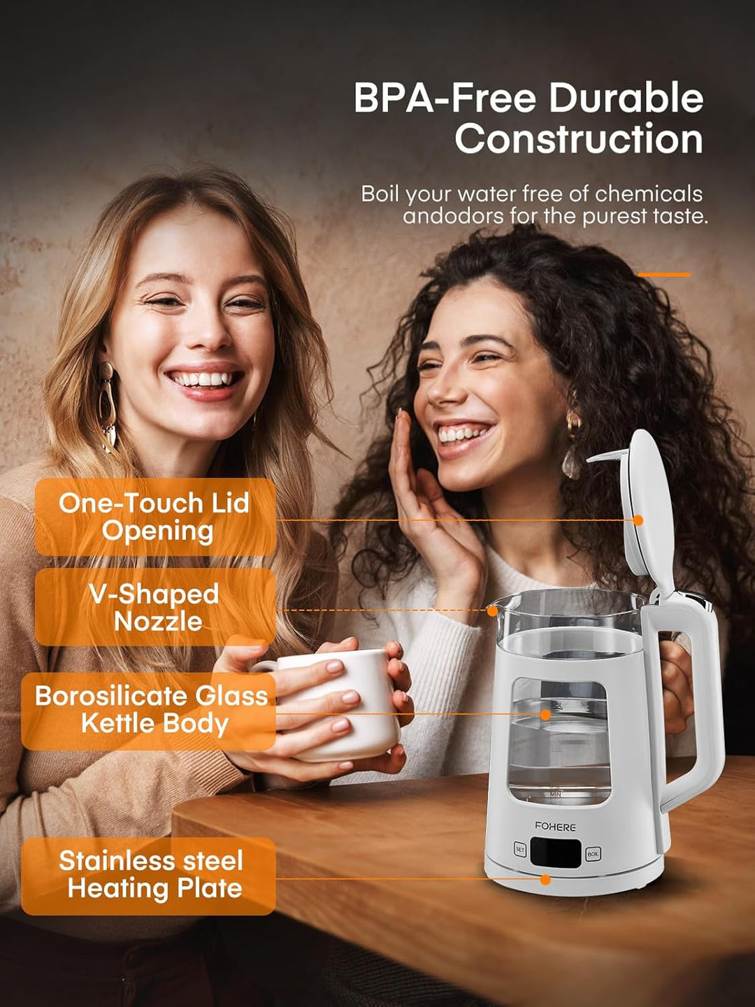 Elektrischer Wasserkocher mit Temperatureinstellung,1.7L Glas Wasserkocher mit Warmhaltefunktion, 22