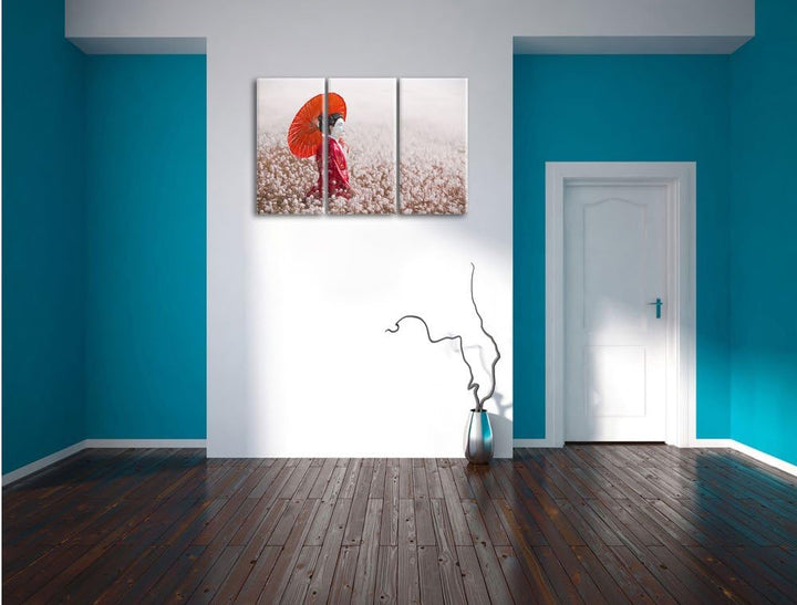 Pixxprint Geisha auf dem Feld / 3-Teilig/Gesamtmass 120cm Leinwandbild bespannt auf Holzrahmen/Wandb