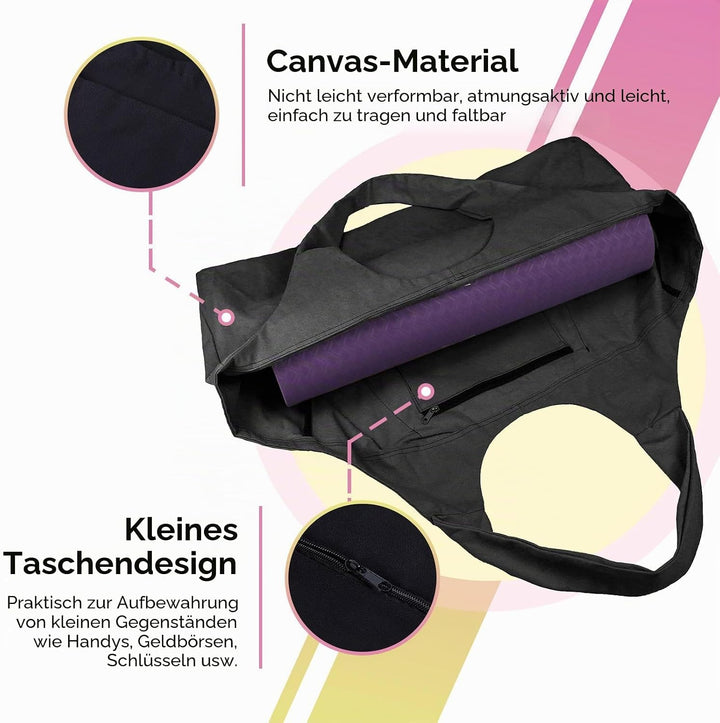 Grosse Yogamattentasche, Yogamatten Tote Gym Duffle Bag mit Seitentaschen für Damen Herren Schwarz,