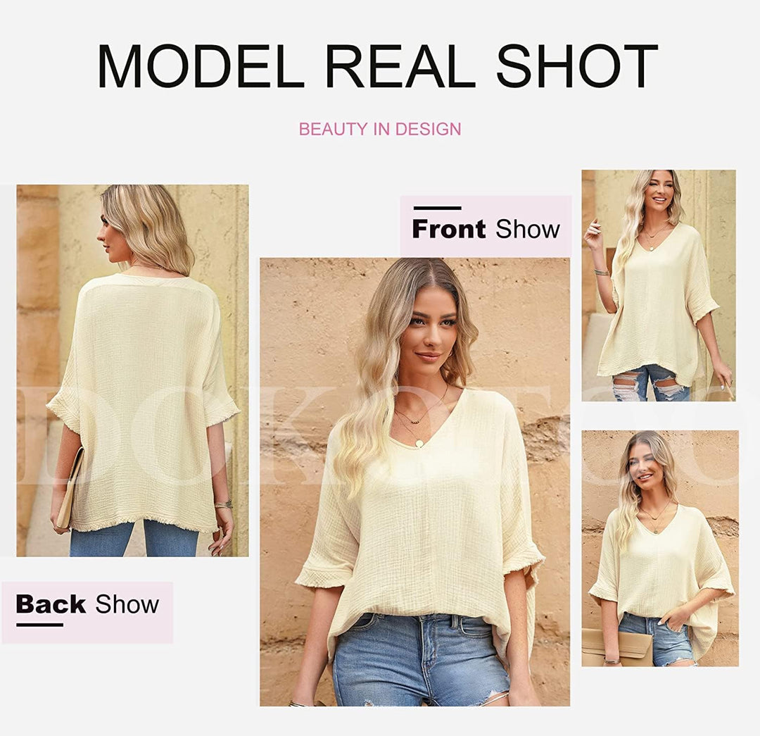 Dokotoo Damen Bluse V-Ausschnitt Musselin Tunika Shirt Oberteil Sommer Kurzarm Locker Longshirt Tops