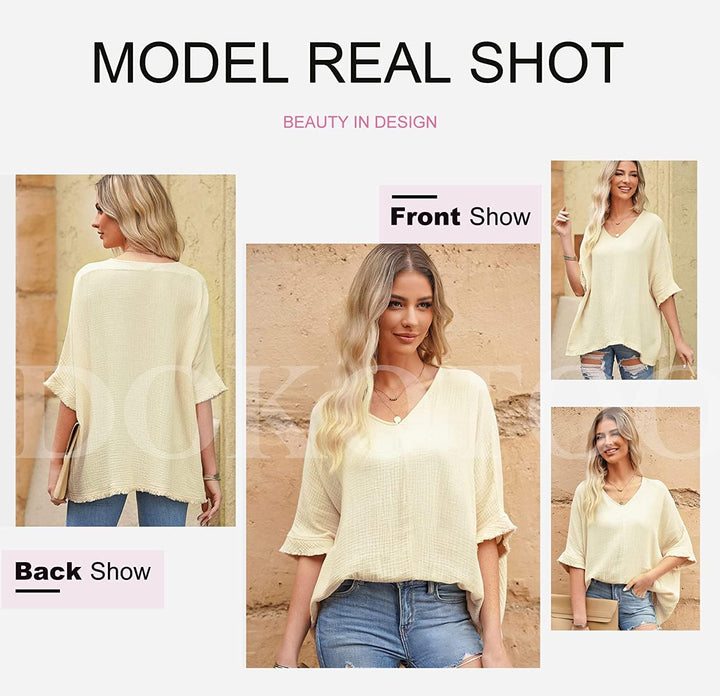 Dokotoo Damen Bluse V-Ausschnitt Musselin Tunika Shirt Oberteil Sommer Kurzarm Locker Longshirt Tops
