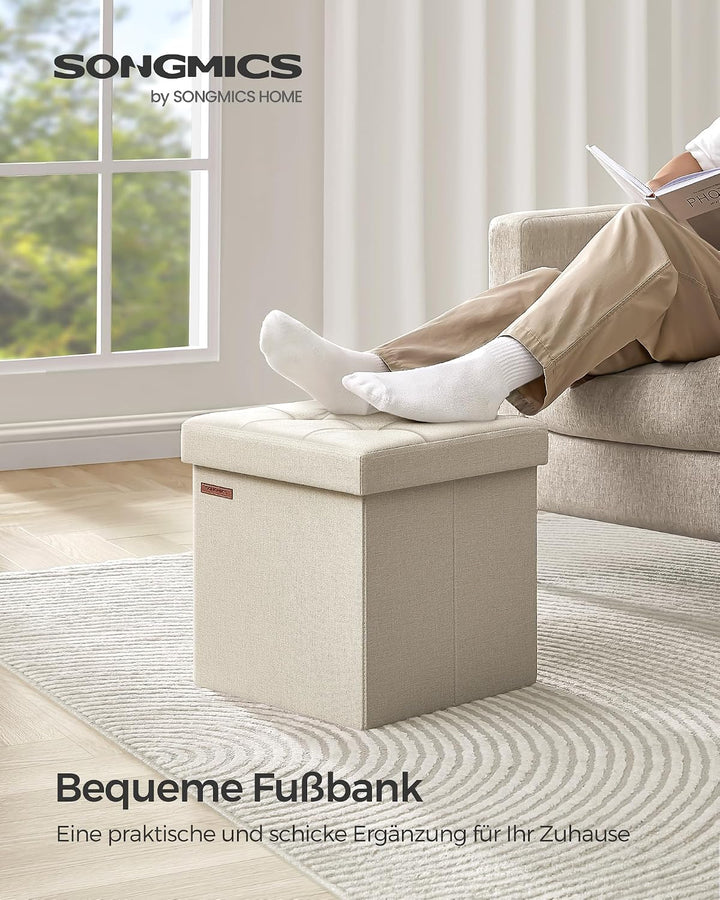 SONGMICS 38 cm Sitzbank mit Stauraum, klappbare Sitztruhe, Aufbewahrungsbox, Fussbank, cremeweiss LS