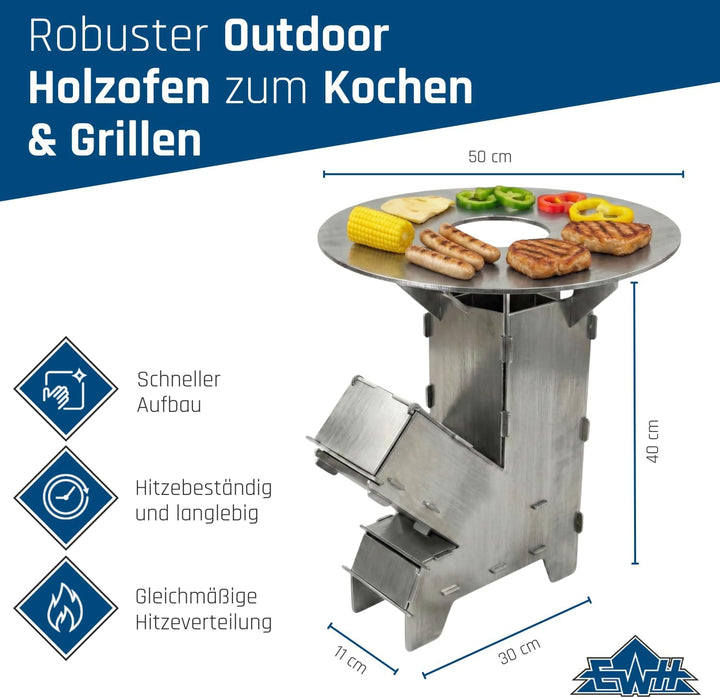 EWH Raketenofen aus 3 mm Stahl inkl. Grillplatte – Made in Germany - robuster Outdoor Holzofen zum K
