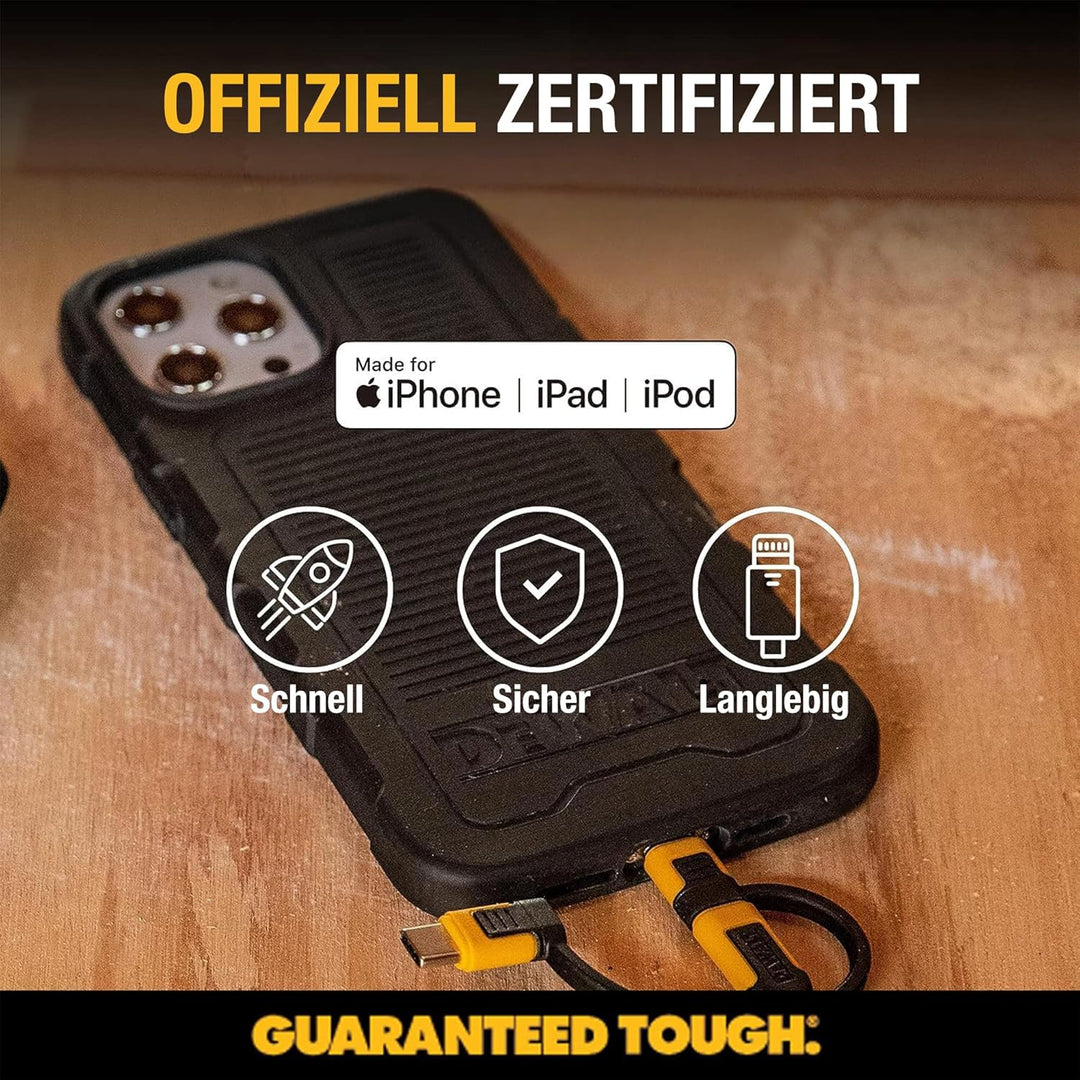 DEWALT 3-in-1 einziehbares Kabel - Multi-Ladekabel - Lightning, Typ C, Micro-USB-Kabel - Ladekabel f