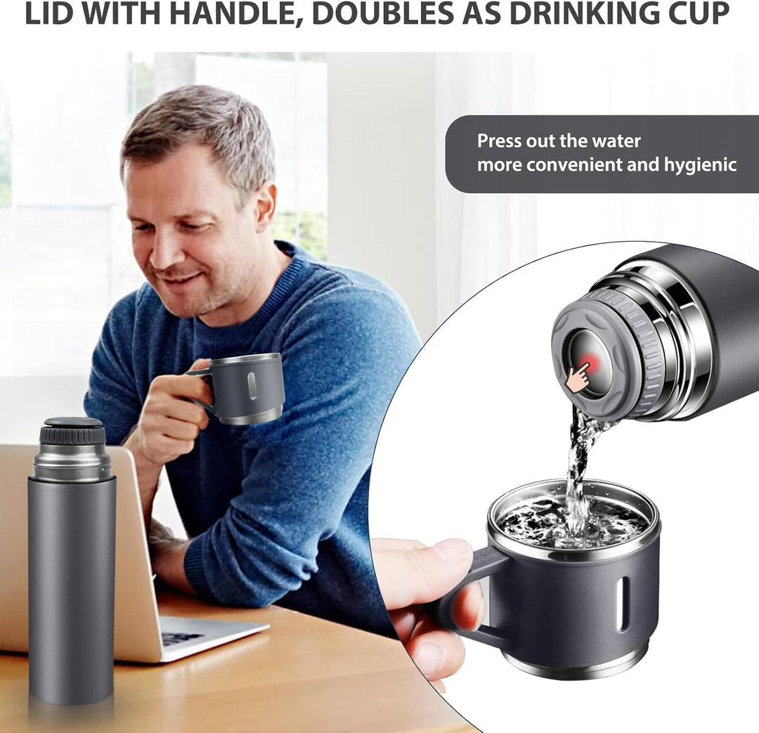 Thermosflasche 500ml mit Becher und Griff, Trinkflasche Edelstahl, Auslaufsichere Isolierflasche für