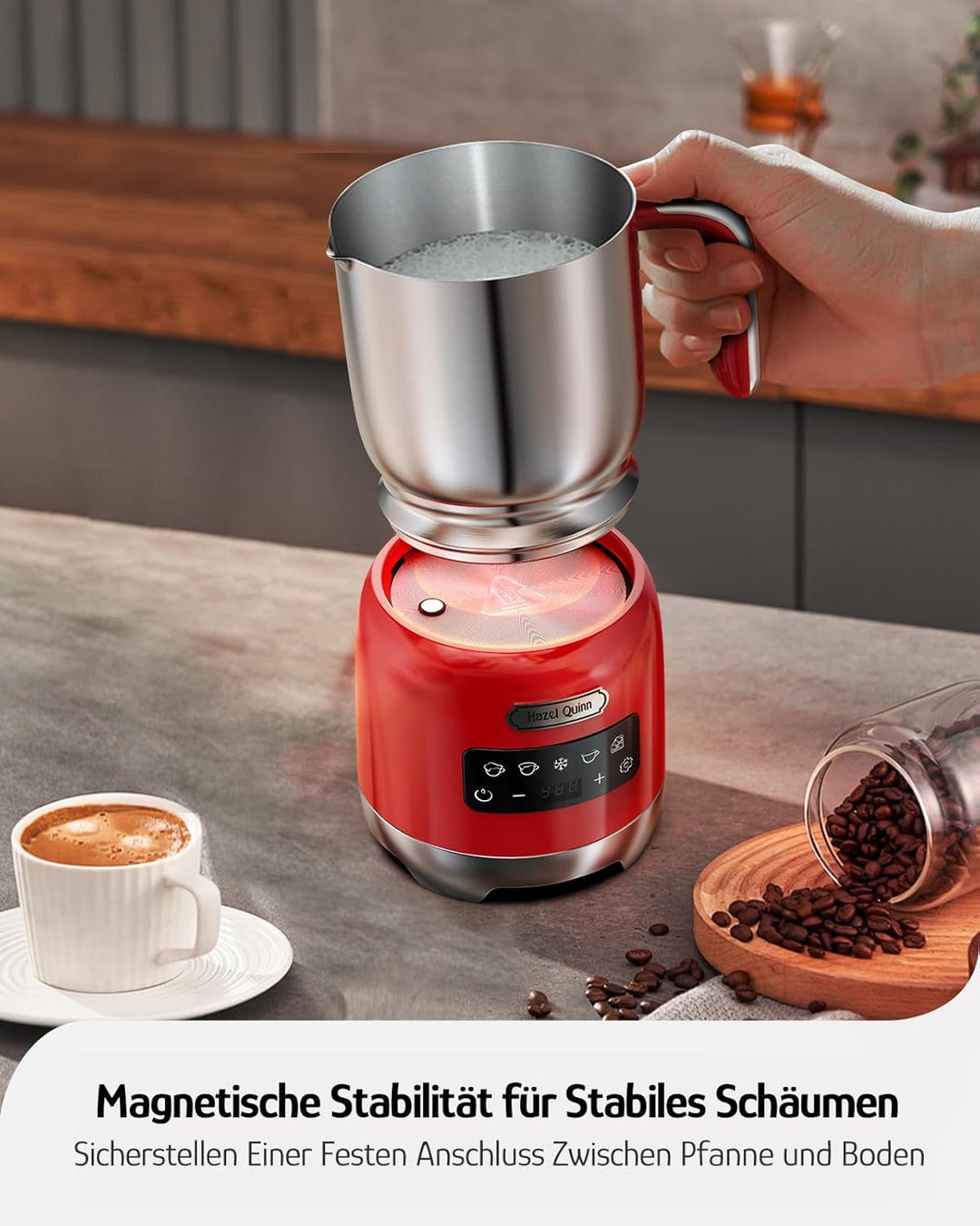 Hazel Quinn Milchaufschäumer 5-in-1 Funktionalität, 450 ml für Milchschaum heiss und kalt, heisse Sc