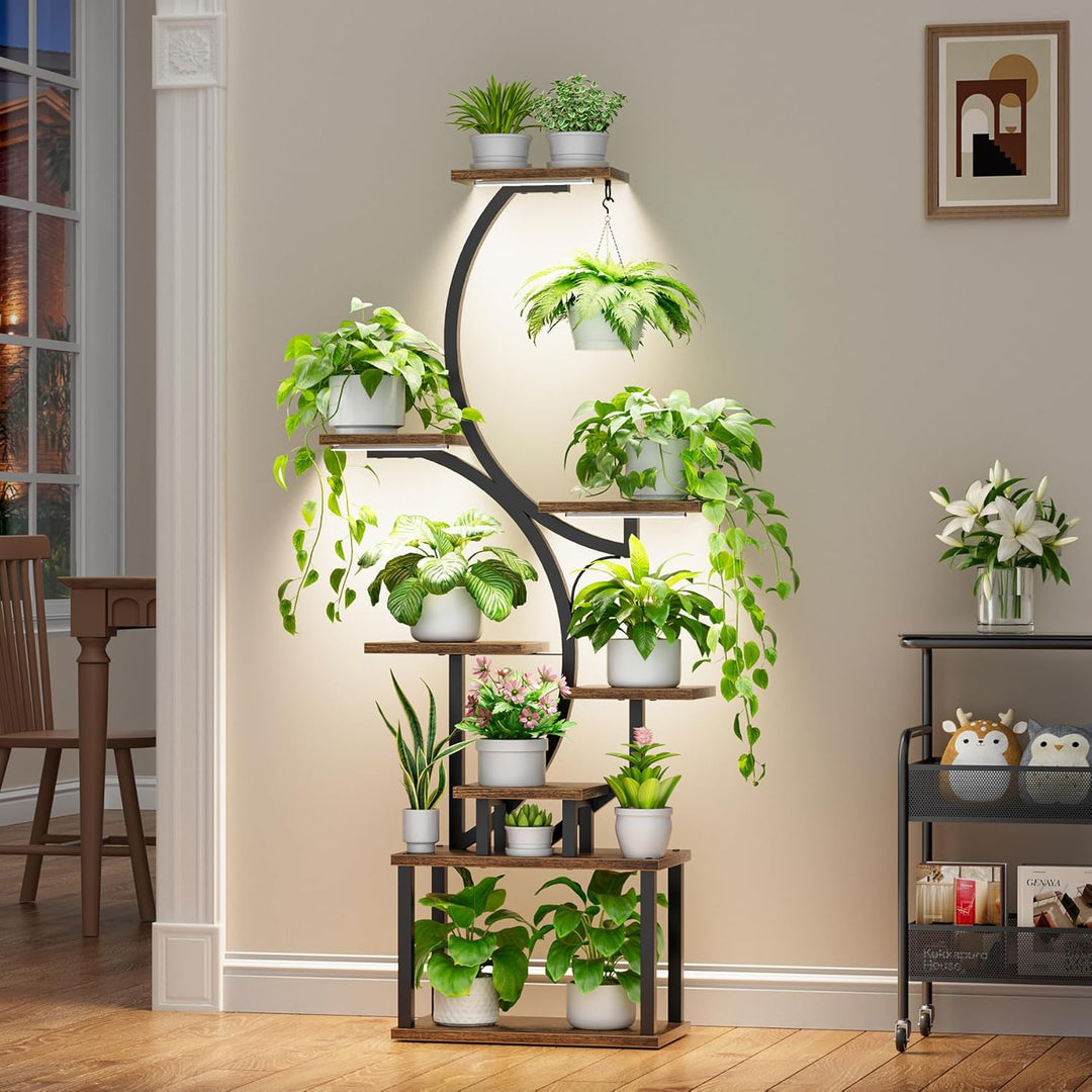 BACEKOLL Pflanzenständer mit Wachstumslicht - 8 Ebenen Blumenständer 157cm Metall Holz Pflanzenregal