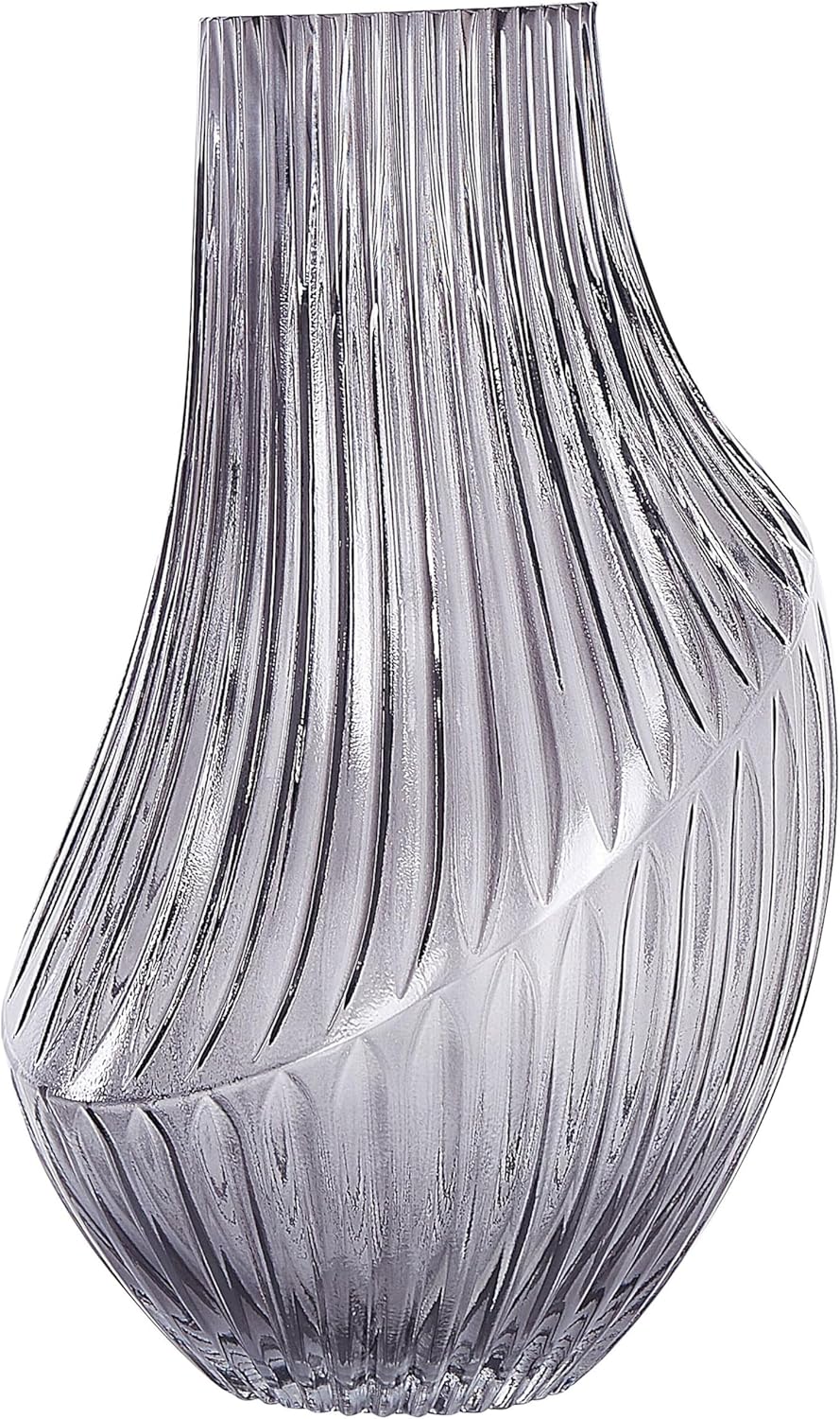 Deko Blumenvase Glas grau 36 cm bauchig Rillen-Struktur breite Öffnung Myrsina