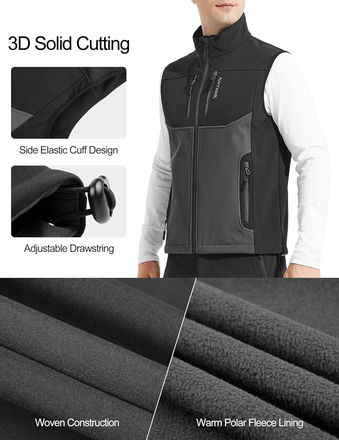 KUTOOK West Herren outdoor mit vier Taschen Softshell Ärmellose Jacke winddicht wasserdicht warm Mul