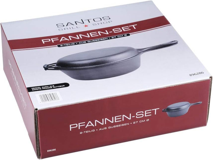 SANTOS Grillpfannen-Set Ø27cm - Gusseiserne Pfanne - Deckel - Schmoren, Braten, Grillen, Backen - Gu
