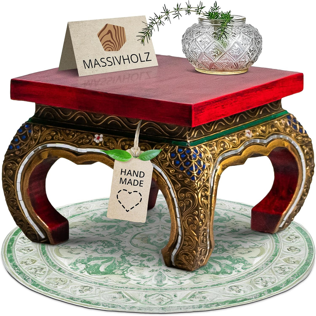 livasia Opiumtisch mit Glasmosaikverzierungen, Beistelltisch aus Holz, Nachttisch, asiatischer Hocke