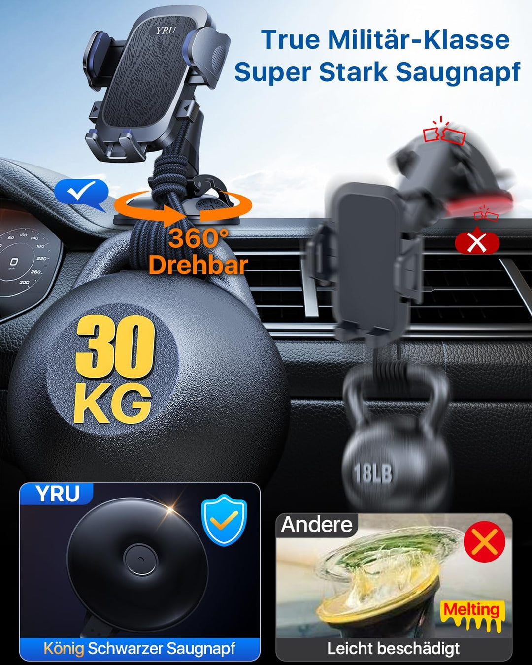 2026 Exclusive Wackelfrei Handyhalterung Auto YRU【Upgrade Bombenfest Saugnapf & Clip】Handy Halterung