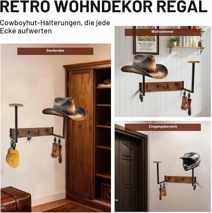 Helmhalterung Wand, Holz Hutständer Wand für Cowboyhut, Motorrad Garderobe Hutaufhänger mit 4 Metall