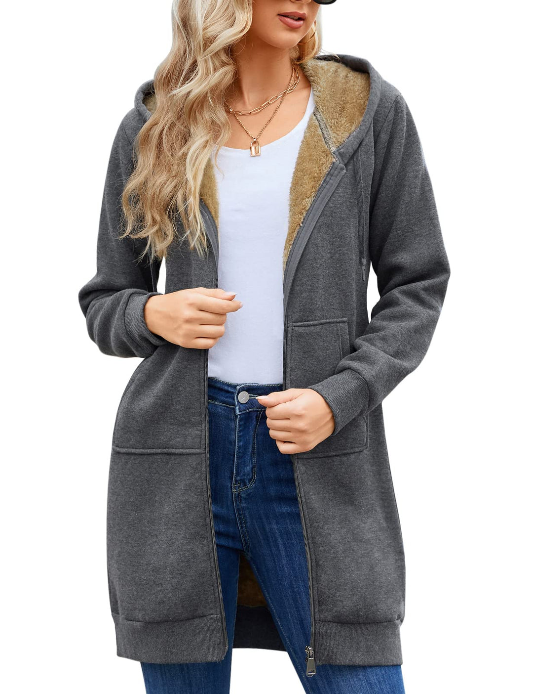 Nadeer Damen Mantel Plüschjacke mit Kapuze Lang Gefüttert Hoodies Plüsch Reissverschluss Mittellang