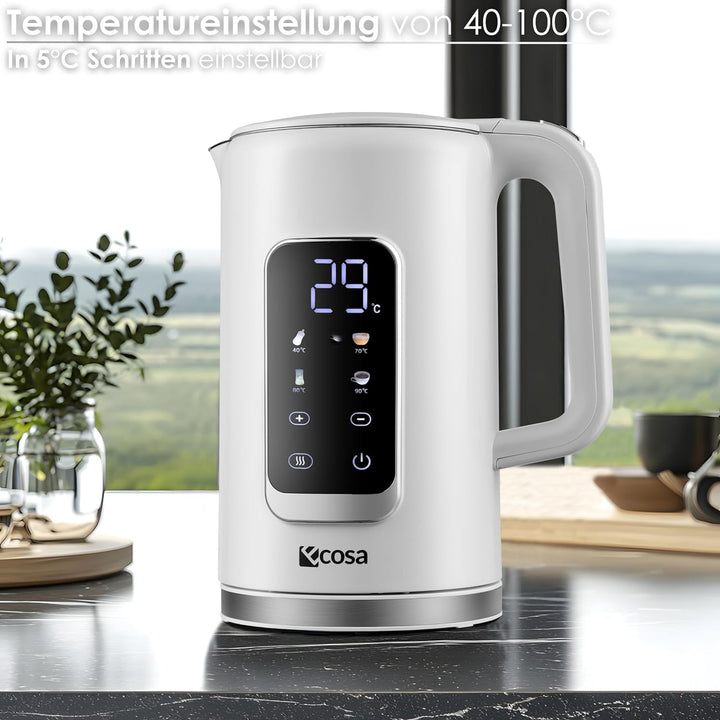 Wasserkocher Edelstahl mit Temperatureinstellung (40°C-100°C) 1,7 Liter 2200 Watt Teekocher 100% BPA