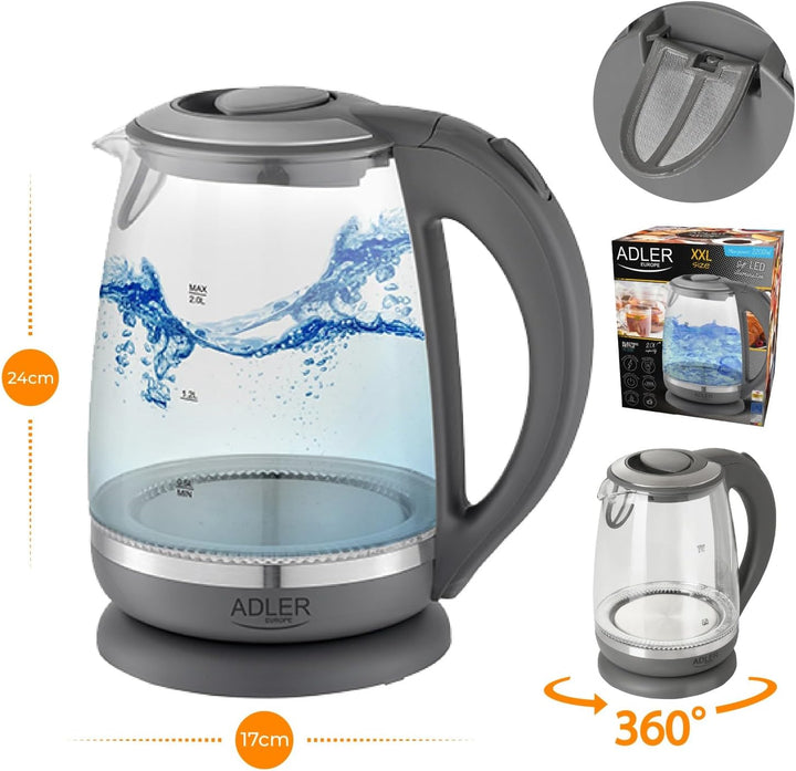 Adler AD 1286 Wasserkocher aus Glas und Kunstoff, 2L, 2000 W, LED Beleuchtung, Glaswasserkocher für