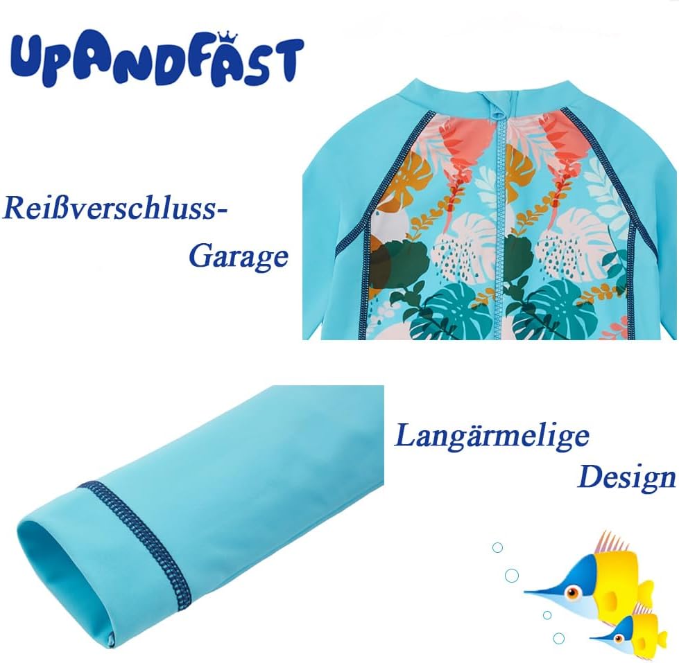 upandfast Baby Badeanzug mit Sonnenhut UPF 50+ Badebekleidung für Baby 6-9 Monate Blau Blätte, 6-9 M