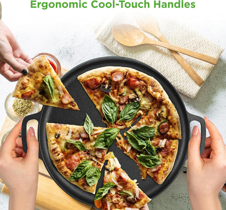 NutriChef Flache Gusseisen-Pizza-Pfanne, 33 cm, vielseitige, voreingebrannte runde Grillplatte mit i