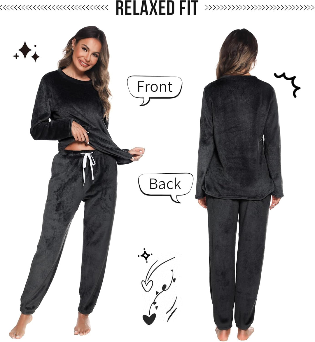 Lovasy Fleece Schlafanzug Damen Lang Winter Warmer Pyjama Set Flauschiger Frottee Schlafanzüge für D