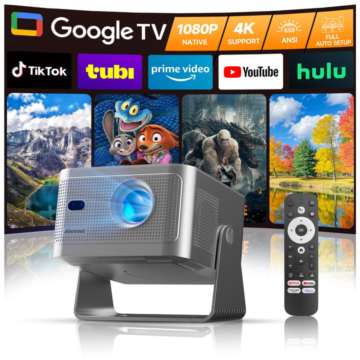 Alwtniet Beamer 4k Mit Google TV, Native Full Hd 1080p Mini Projector Heimkino Bluetooth WiFi Klein