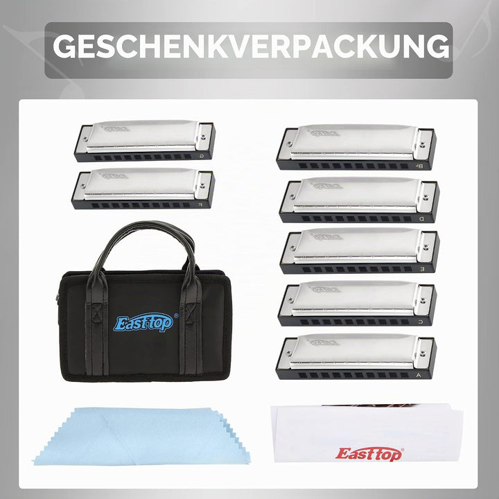 East Top 7 Tasten Mundharmonikaset verpackt, 7-Pack 10 Löcher 20 Töne Blues Diatonic Harmonica Für E
